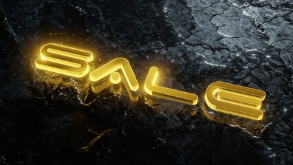 Dynamic 3D render of 'SALE' text in vibrant yellow neon, mounted on dark glossy black stone.