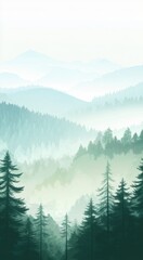 Beautiful misty morning landscape with a foggy forest, mountains, and sky background, phone wallpaper