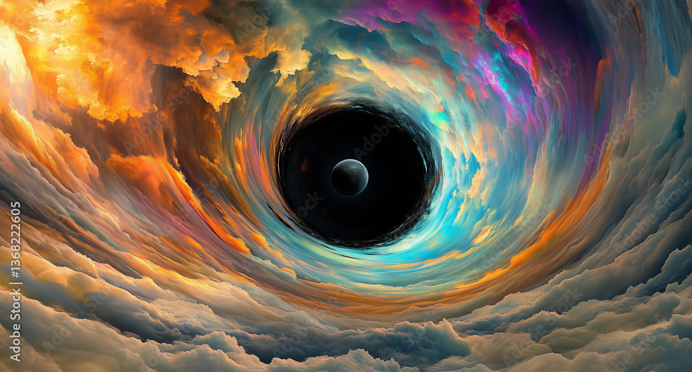 Poster swirling red and orange clouds of gas and dust are twisting around a black hole creating a colorful 