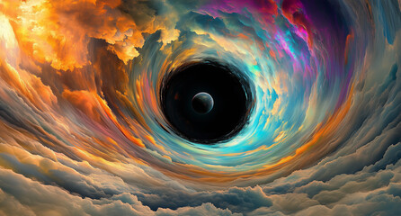 Swirling red and orange clouds of gas and dust are twisting around a black hole creating a colorful wormhole in the universe