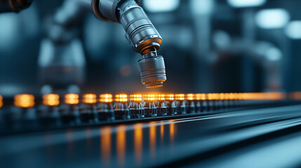 robotic arm efficiently sorts products on conveyor belt, illuminated by glowing lights, showcasing advanced automation technology in modern industrial setting