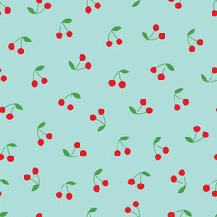 Seamless pattern with fresh red cherries on a turquoise background
