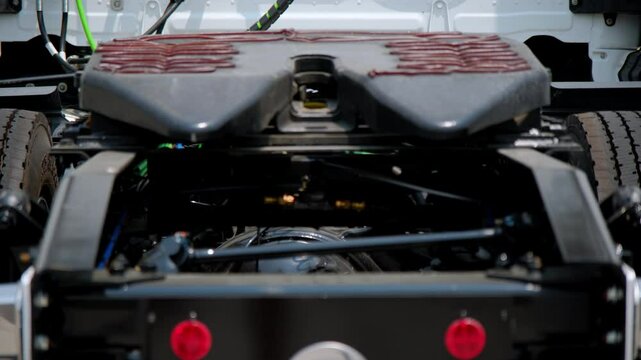 The rear view of the driving bobtail truck and its fifth wheel coupling on a truck, covered in grease for lubrication, with red grease.