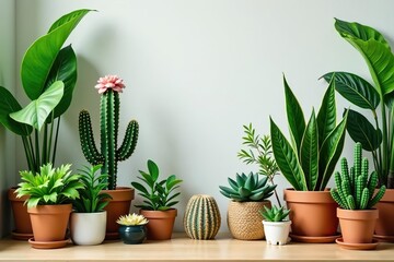 Various decorative house plants and flowers in pots, including Cactus, Succulent, and tropical leaves, creating a lush and vibrant indoor garden,  pots, Indoors