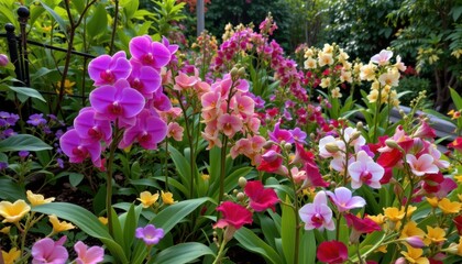 Fototapeta premium Orchids and other exotic flowers bloom in brilliant shades of purple, red, and yellow, adding pops of color to the lush green landscape.