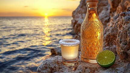Obraz premium Enjoying white tequila at sunset on a rocky ocean cliff with salt and lime