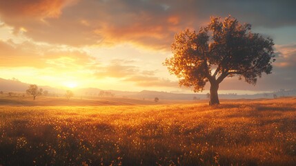 Fototapeta premium A majestic solitary tree stands in a golden field at sunset.