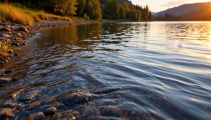 A peaceful spot by the riverbank, with clear, calm waters reflecting the vibrant colors of the setting sun, creating a dreamy and tranquil atmosphere.