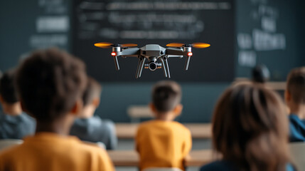 teacher demonstrates drone technology in classroom, capturing students attention with engaging aerial display. drone hovers in front of chalkboard, illustrating modern education