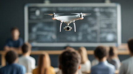 teacher demonstrates drone technology in classroom, capturing students attention with flying drone in front of blackboard. educational setting is engaging and modern