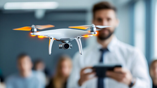 teacher demonstrates drone technology in classroom, engaging students with flying drone. focus is on drone, highlighting its design and functionality
