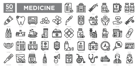 Medicine icon collection set, including healthcare, medical equipment, treatment, and pharmacy essentials. Perfect for medical infographics, hospital materials, and healthcare applications.