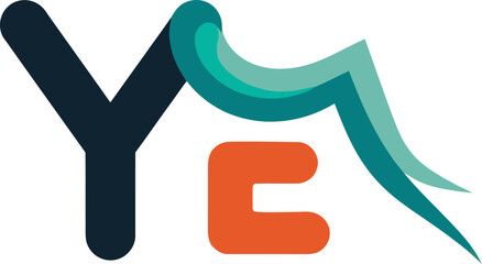 Modern YE Logo with Flowing Abstract Element - Creative YE Branding: Dark Blue and Orange Letters with Teal Swirls - Abstract YE Symbol: Unique Lettermark Design