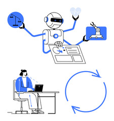 Robot manages law, heart, and manufacturing icons, analyzes data while person works on a laptop. Ideal for AI, automation, productivity, innovation, human-robot collaboration technology trends