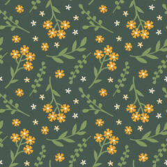 Floral seamless pattern with ornament consisting of simple illustrations of yellow flowers on a green background in a flat style.