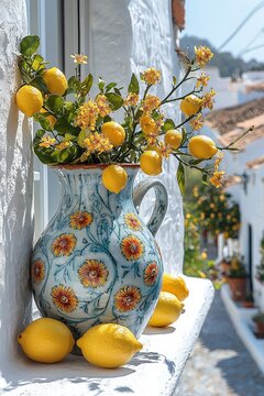 Fototapeta Ceramic jug with fresh lemon blossoms on a sunny white windowsill in Mijas