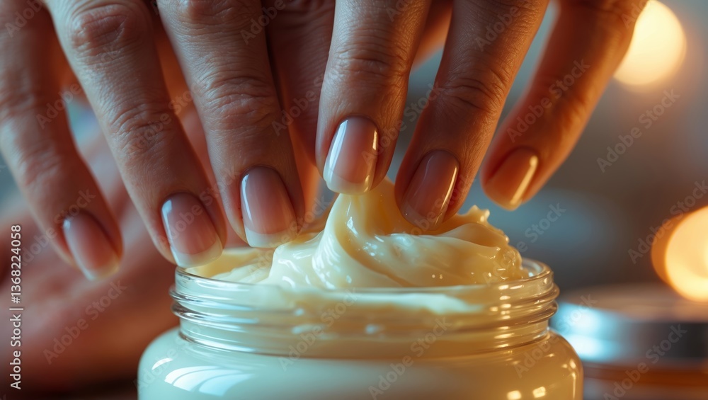 Poster hands applying creamy moisturizer in a serene setting with soft lighting and candles