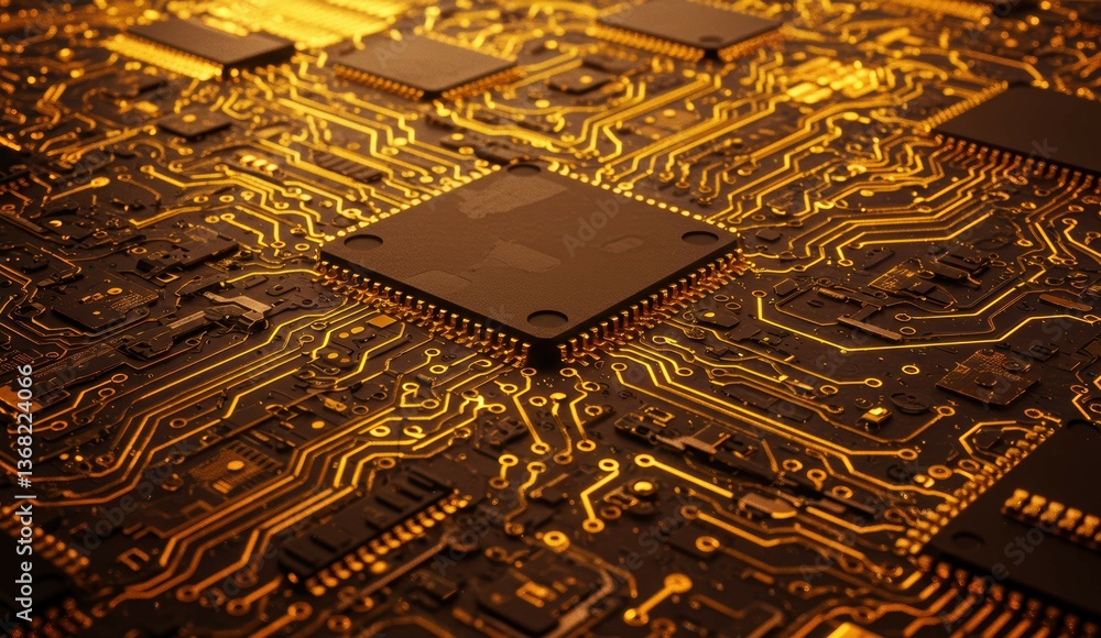 Poster gold circuit board with microchips and electronic components highlighting technology and innovation 