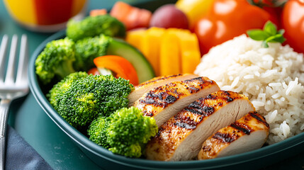 vibrant school cafeteria tray features balanced meal with grilled chicken, steamed broccoli, rice, and colorful vegetables, creating healthy and appetizing presentation