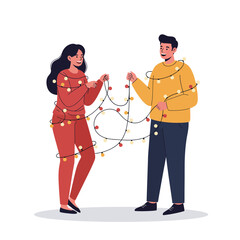 Two friends playfully wrapping Christmas lights in flat vector art