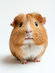 Fototapeta premium A cute guinea pig standing on all fours against a white backdrop, with its fluffy coat and small, alert eyes.