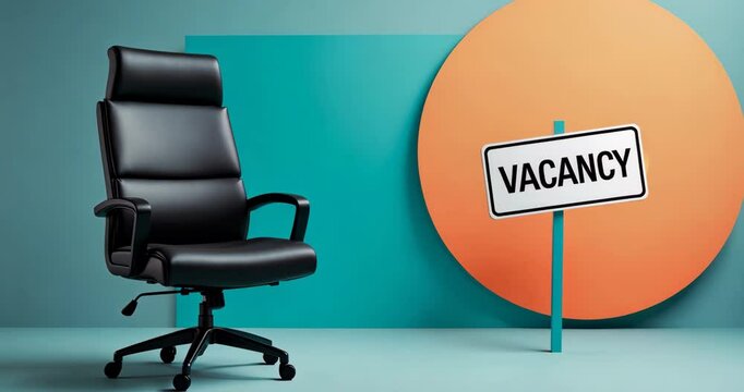 Modern art collage illustrating an unoccupied office chair and an empty sign. Representation of job openings, job offers, career growth. A location to replicate an advertisement.