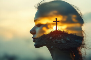 Double exposure photograph of the face of an attractive woman in profile, on a hill with a cross illuminated by sunset