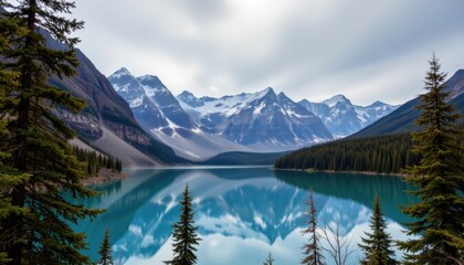 The snow capped peaks of the mountains contrasted beautifully with the deep blue hues of the lake.