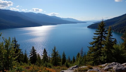 The shimmering lake seemed to stretch on forever, disappearing into the distant horizon.