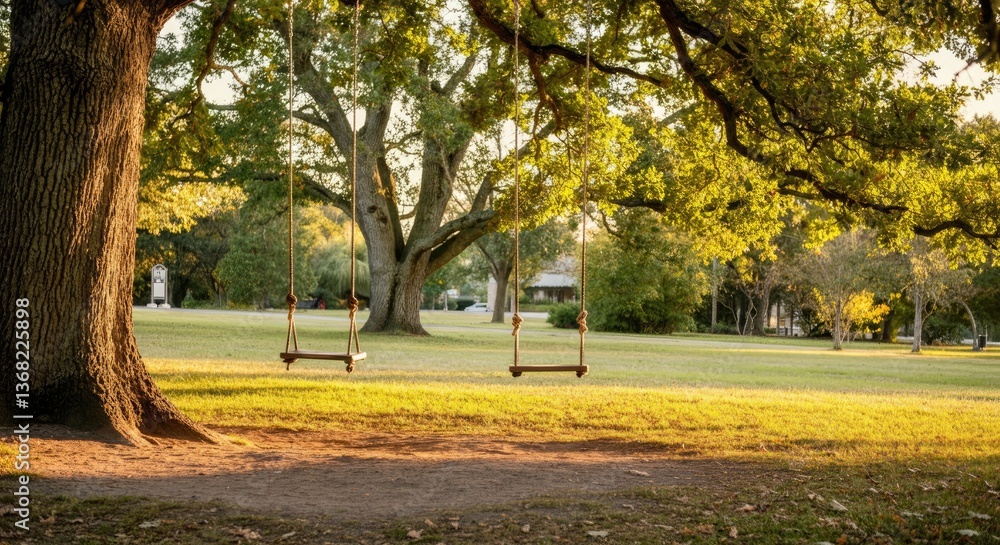 Poster serene park with two empty swings under large tree at sunset
