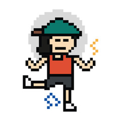 Fototapeta premium Cute cartoon pixel character cute man exercises training aerobic dance lifestyle music decoration life style 8 bit male boy dance with music game 8bit fitness isolated PNG vector.