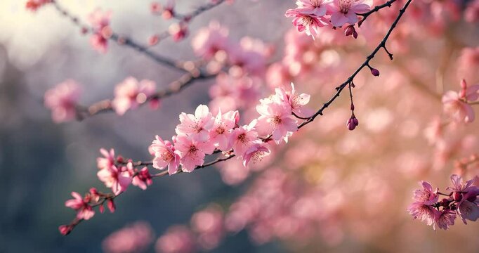 Delicate pink flowers decorate slender branches, with a soft-focus effect creating the illusion of the blossoms hovering against the indistinct backdrop.