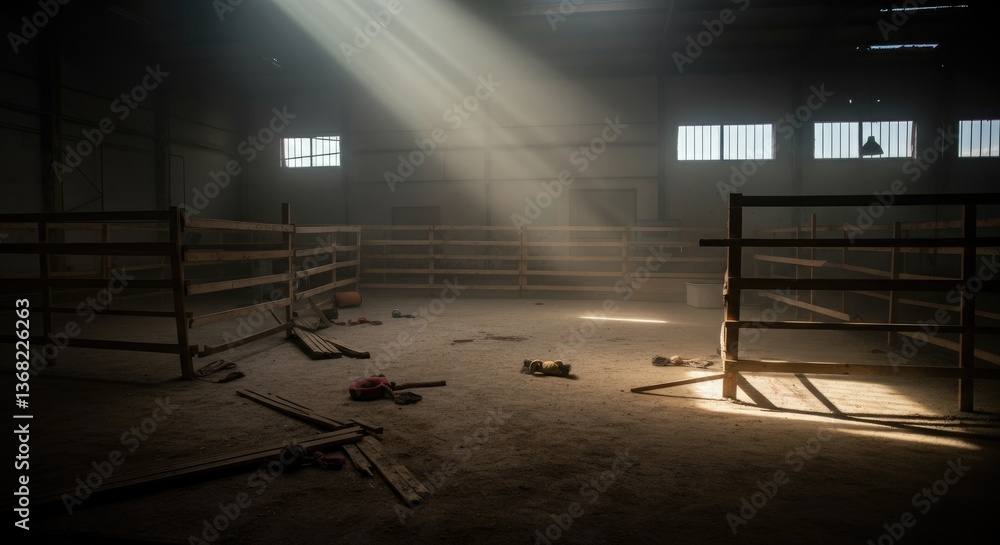 Poster sunlight beams into empty barn, illuminating dust particles