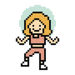 Cartoon pixel character cute woman exercises training dance lifestyle music decoration life style 8 bit female girl dance with music game 8bit fitness isolated PNG vector.
