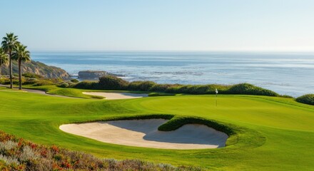 Naklejka premium Coastal golf course with sand bunkers, ocean view, blue sky