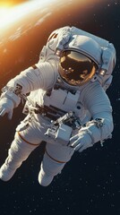 Fototapeta premium An astronaut floating in space, with Earth's horizon visible behind them, phone wallpaper