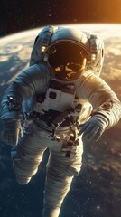 An astronaut floating in space, with Earth's horizon visible behind them, phone wallpaper