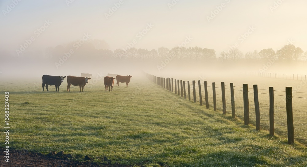 Poster cows grazing in misty field with fence extending into distance