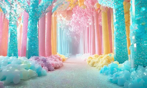 forest of towering, bubblegum-colored candy-covered trees, glittering with sugar crystals