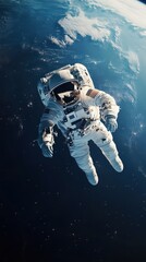An astronaut floating in space, with Earth's horizon visible behind them, phone wallpaper