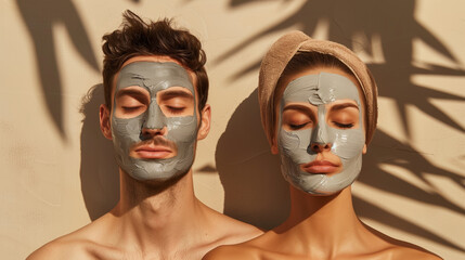 portrait of a couple wearing a mud clay face mask on a beige background with soft tropical leaf shadows, natural skincare routine