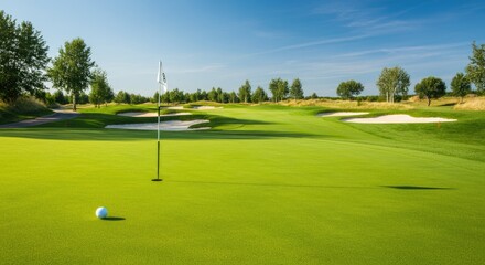 Obraz premium Golf course with ball near hole on sunny day
