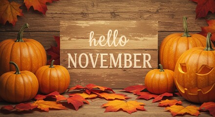 Pumpkins and Autumn Leaves with a Hello November Sign on Wood