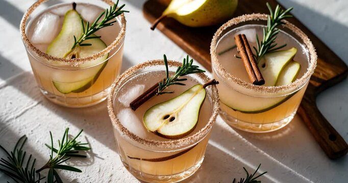 Close-up of a pear cocktail featuring spices and rosemary against a white backdrop with natural sun rays. A festive and delightful cocktail. Overhead view. High-quality image.