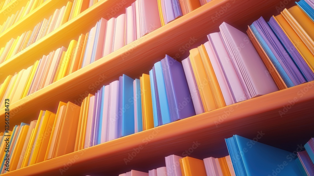 Poster a colorful bookshelf filled with neatly arranged books, showcasing vibrant spines in varying hues, i