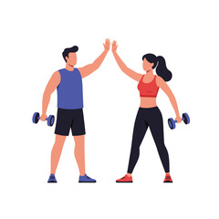 Fitness enthusiasts celebrating success with dumbbells in flat vector art