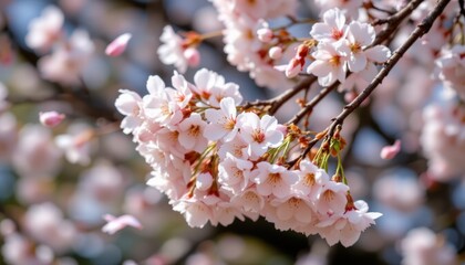 Fototapeta premium Delicate petals of cherry blossoms flutter in the breeze, creating a soft and dreamy canopy that invites you to stop and admire their fleeting beauty.