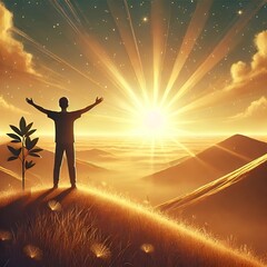 silhouette of a man standing on the top of the mountain