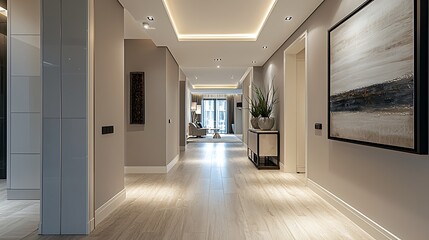 Modern Luxury Apartment Interior Hallway with Light Wood Flooring Abstract Artwork and Recessed