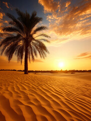 Desert Sunset Serenity: Capturing the stark beauty of a desert landscape, with a solitary palm tree silhouetted against a vibrant sunset.